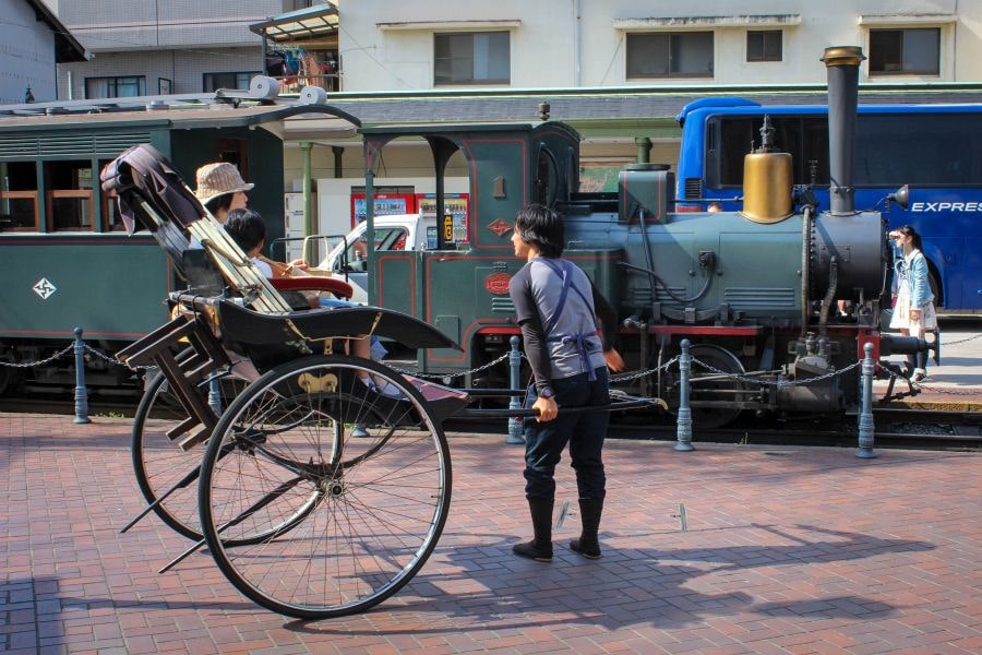 Dogo Onsen Station Botchan Train and rickshaw