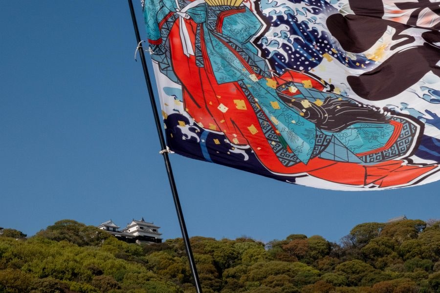 Matsuyama Spring Festival castle and flag