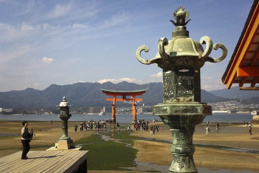 Miyajima Itsukushima Shrine torii and brass lantern