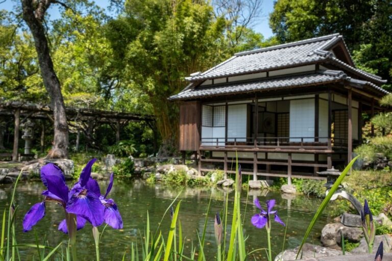 Tenshaen Garden teahouse and iris