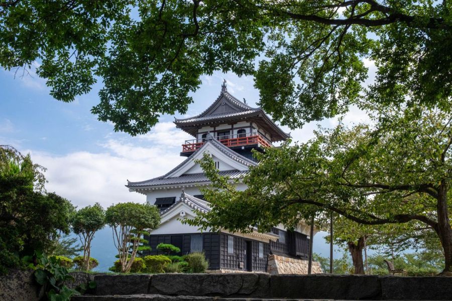 Kawanoe Castle through trees