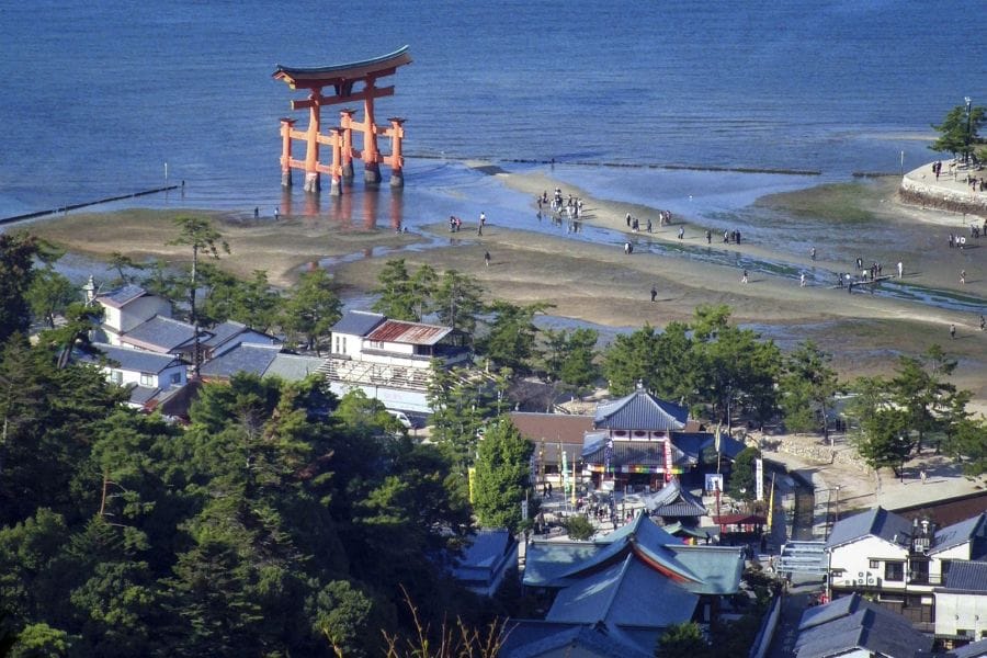 Banner Miyajima Mt Misen looking down on torii near