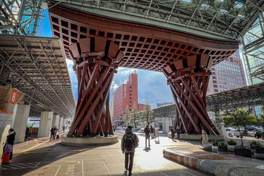 Kanazawa Station east entrance Tsuzumi Gate detail