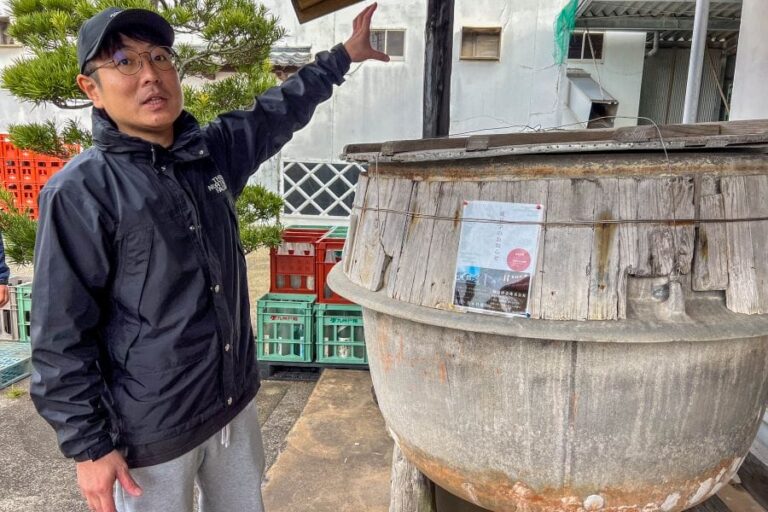 Hirado Fukuda sake and shochu brewery Shinji Fukuda explaining