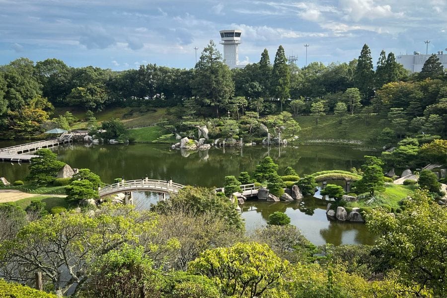 Hiroshima Airport Sankei-en Garden with control tower