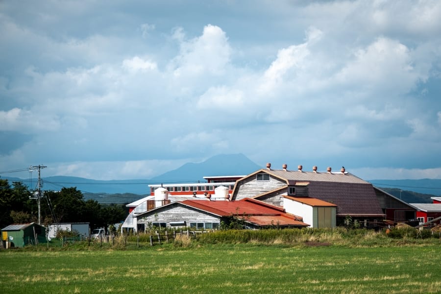 Akan barn with distant mountain