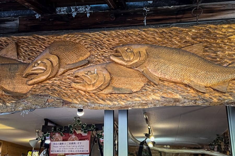 Kawayu Onsen wood carving shop, carved fish